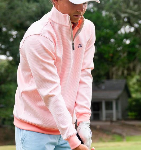 Dogwood Quarter Zip - Peach/White Microstripe